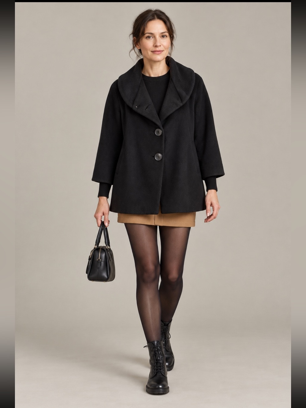 Vintage 1960s 100% Cashmere Swing Coat I. Magnin Black Peter Pan Collar S/M